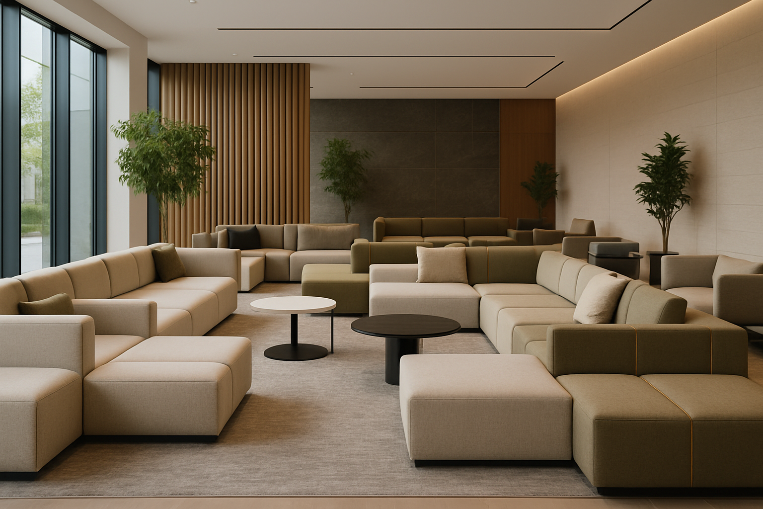 a stylish and spacious commercial lounge area filled with custom contract modular seating