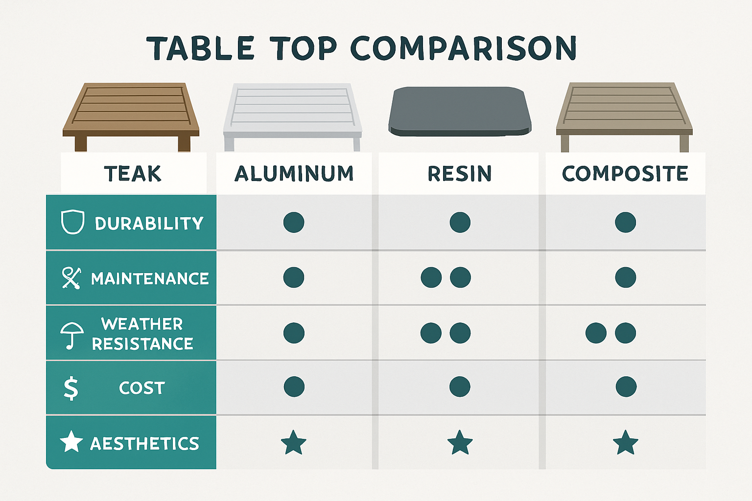 comparison chart teak vs aluminum vs resin vs composite tops