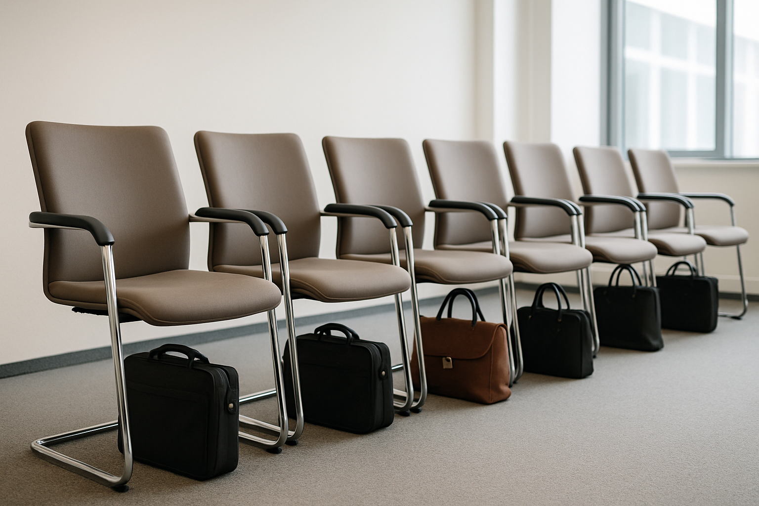 conference row with bags under seats