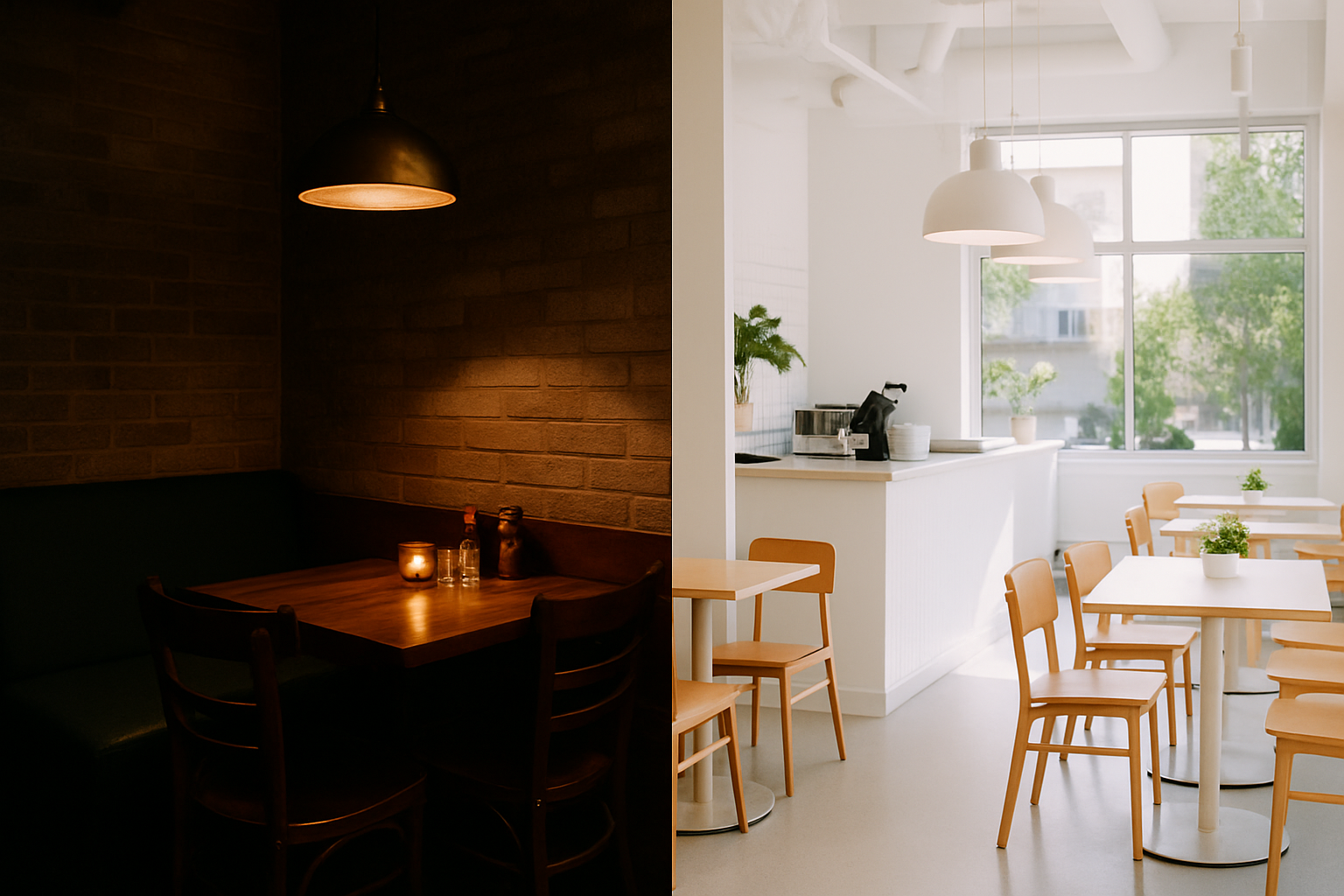 an image contrasting a dimly lit, cozy restaurant corner with a bright, modern cafe section