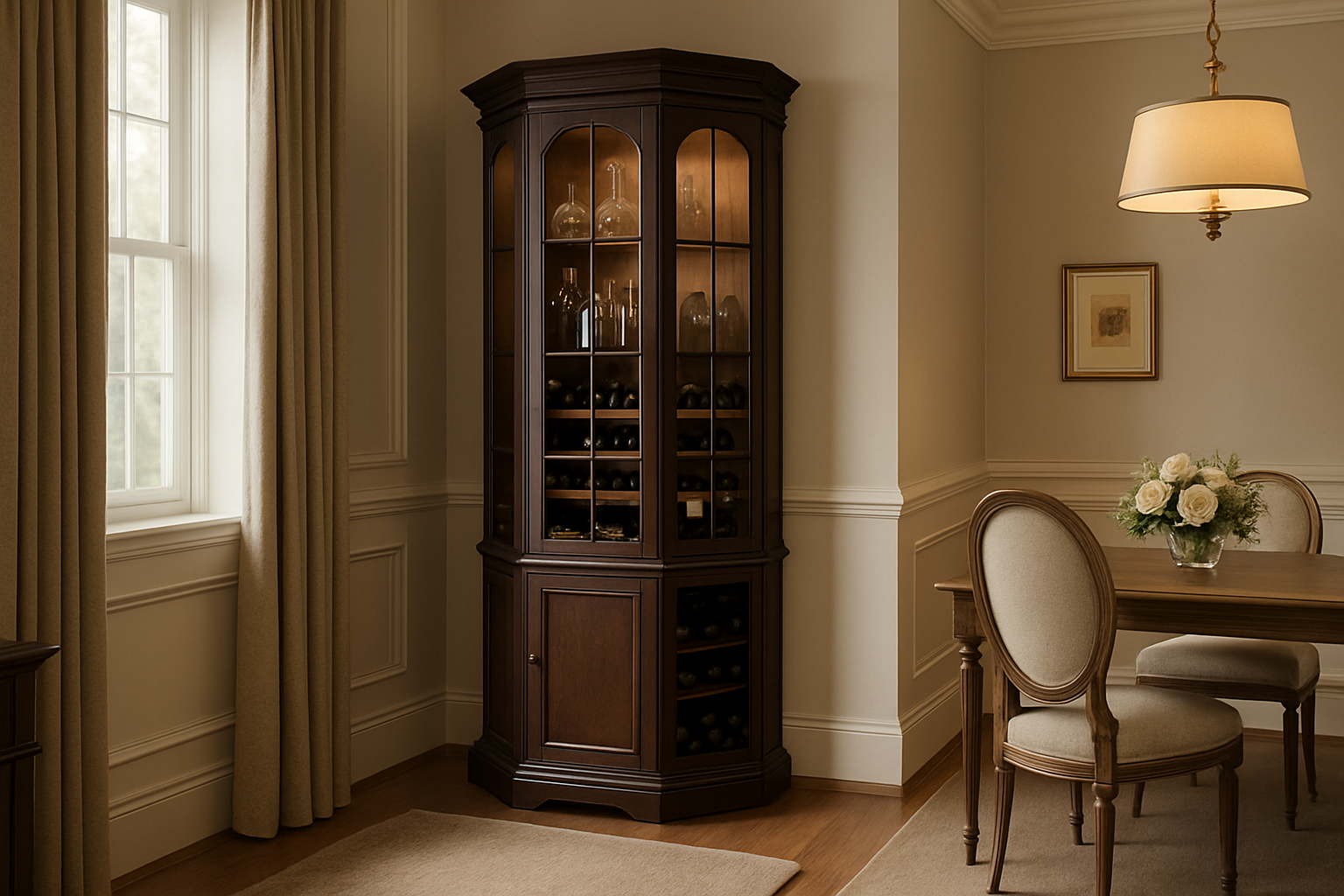 a tall, elegant corner wine cabinet fitting perfectly in a dining room without taking up much space