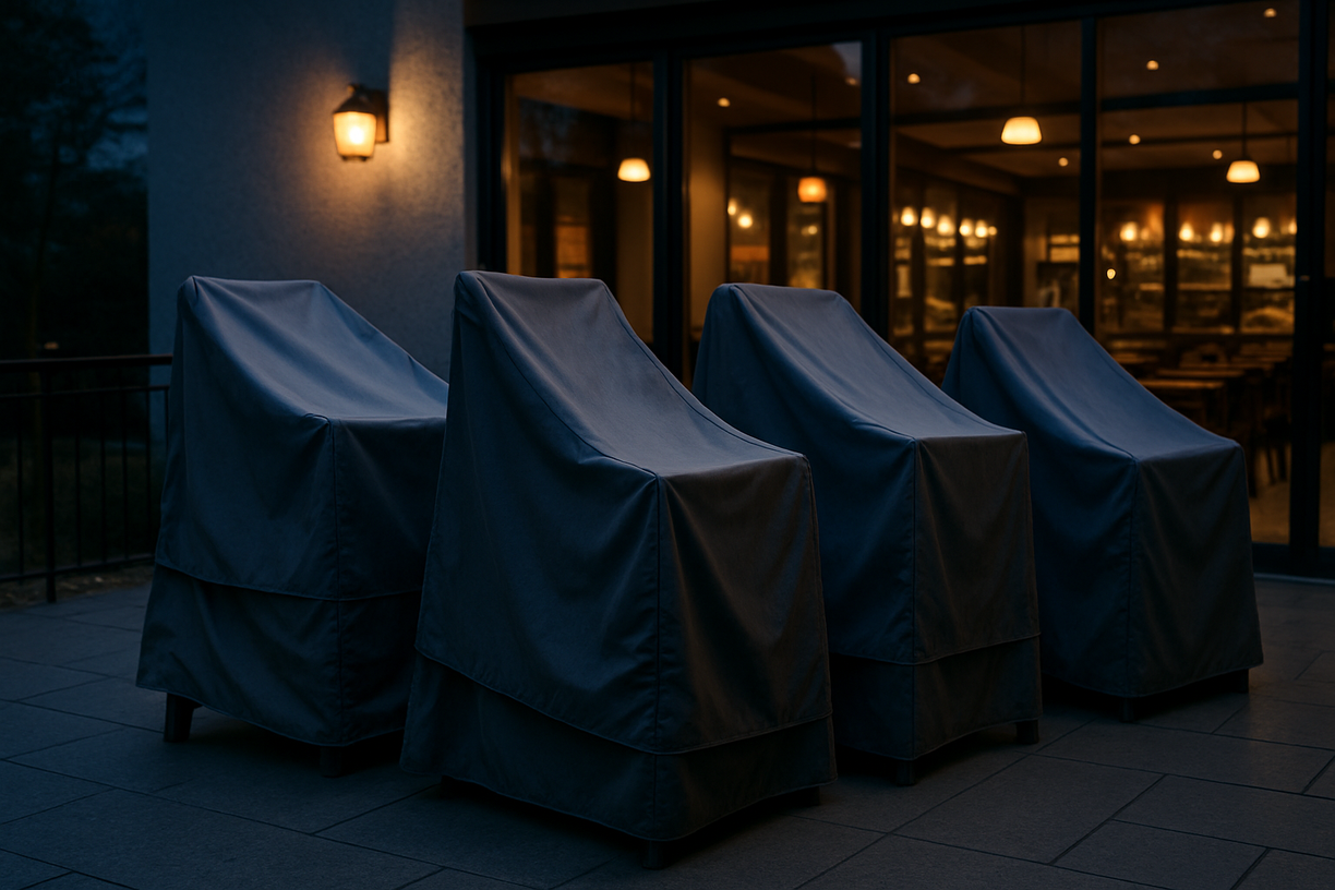 covered outdoor chairs stacked after service