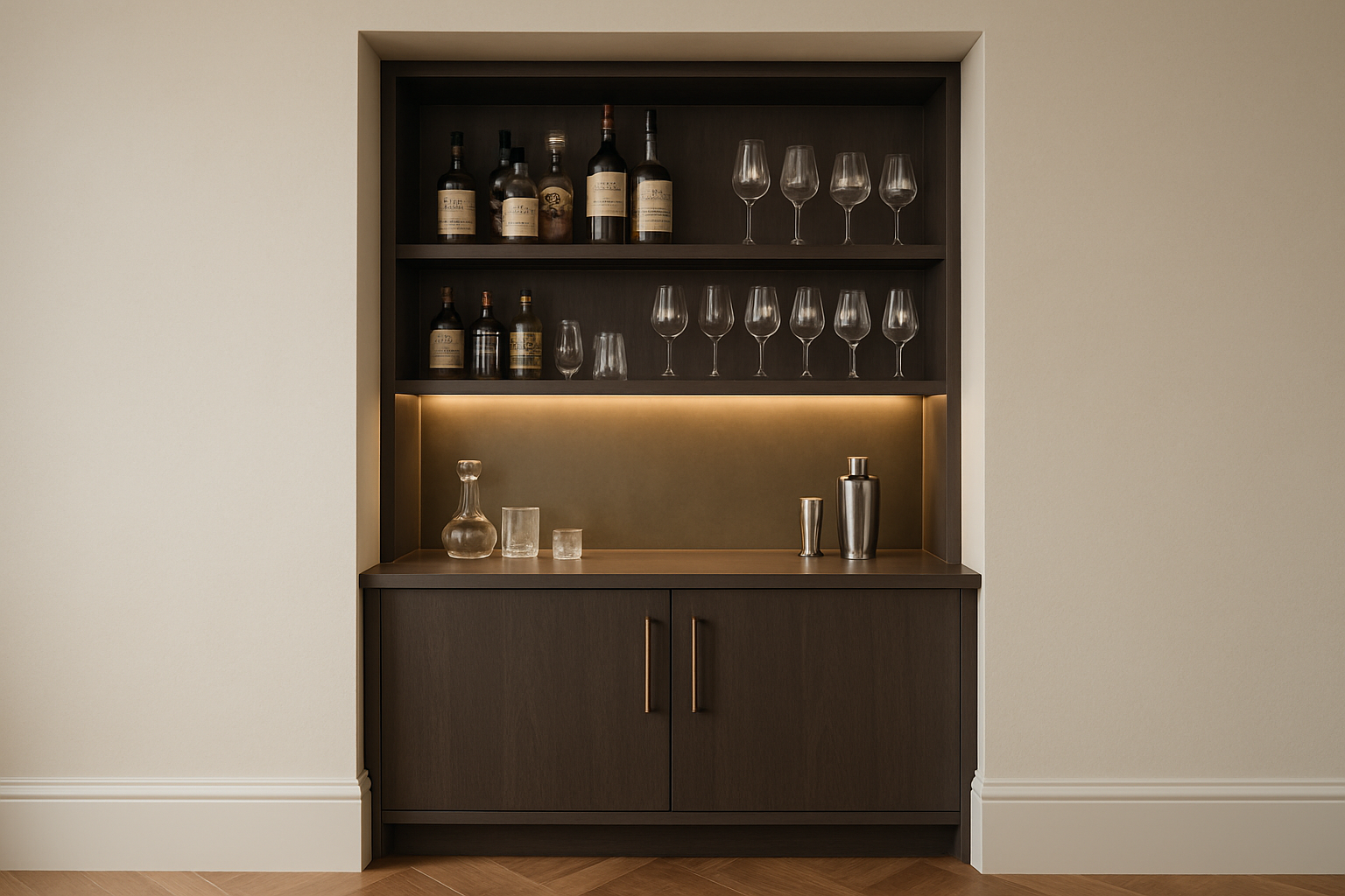 a custom-built home bar unit integrated into a wall niche, with a small counter and upper shelving
