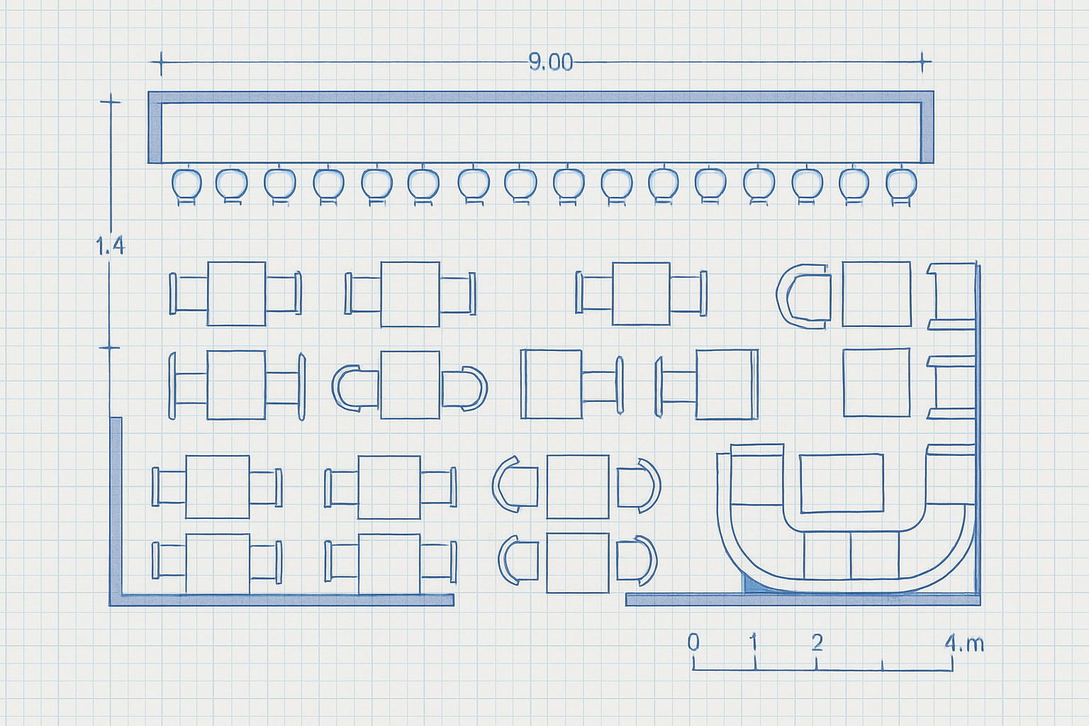 overhead plan showing dense bar seating