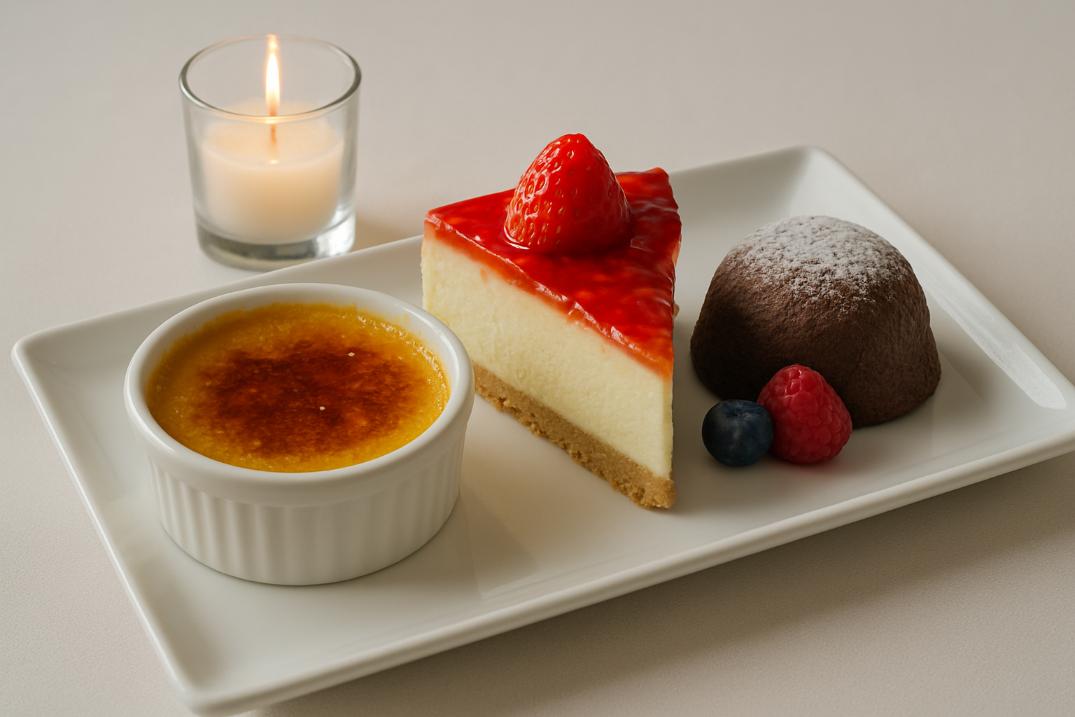 dessert trio with candle on clean tabletop