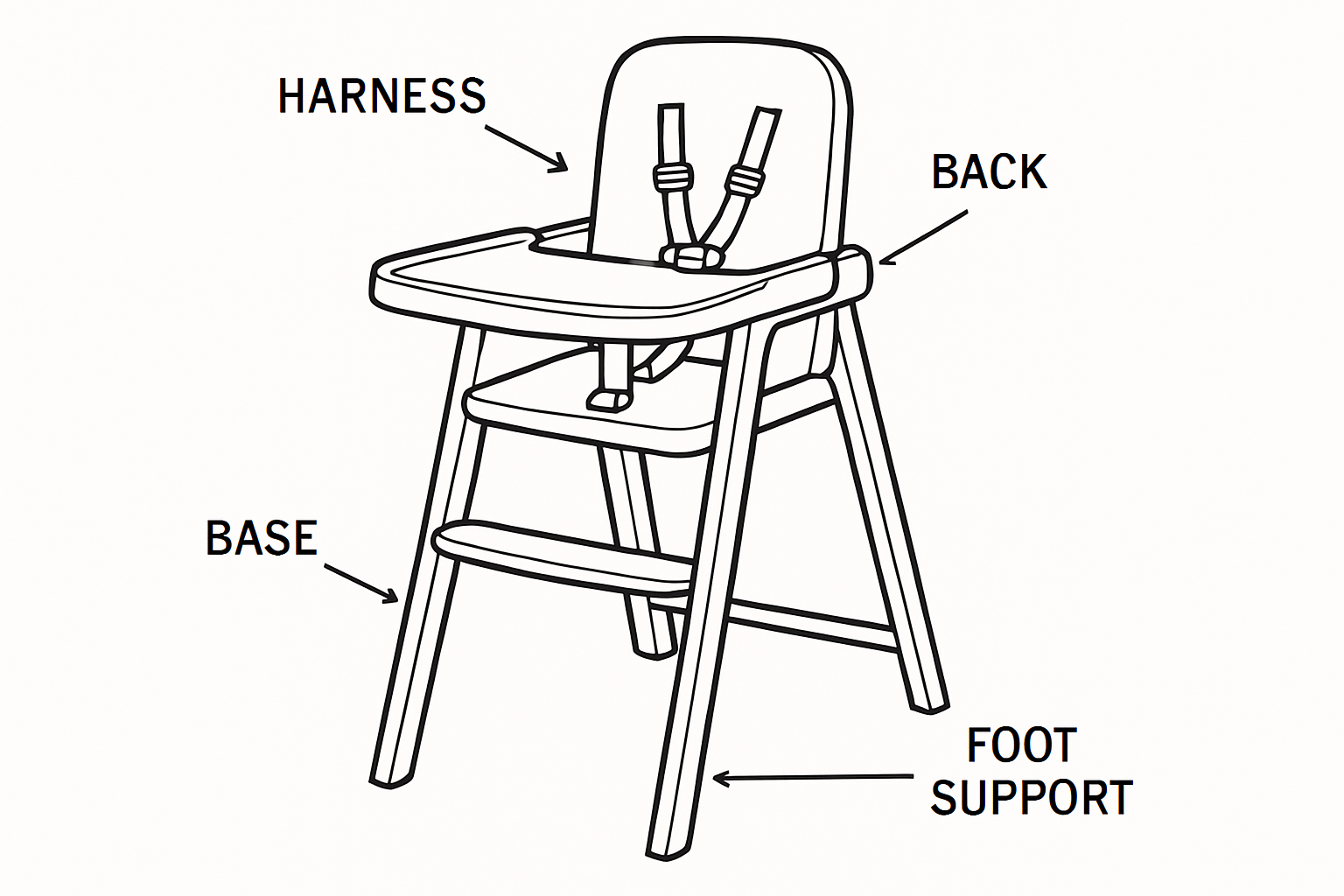 diagram pointing to harness, back, base, and foot support