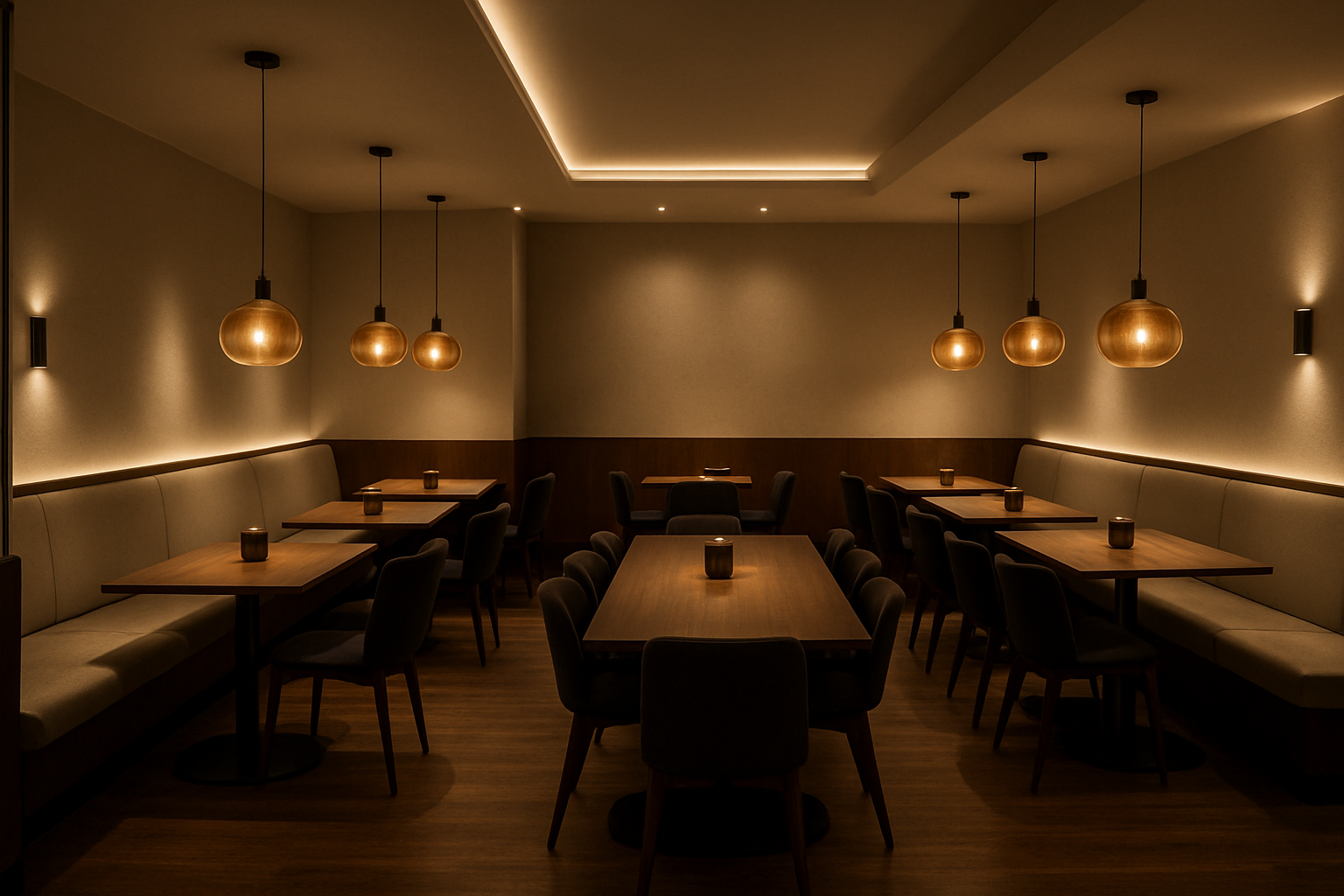 dining room lighting and seating layout