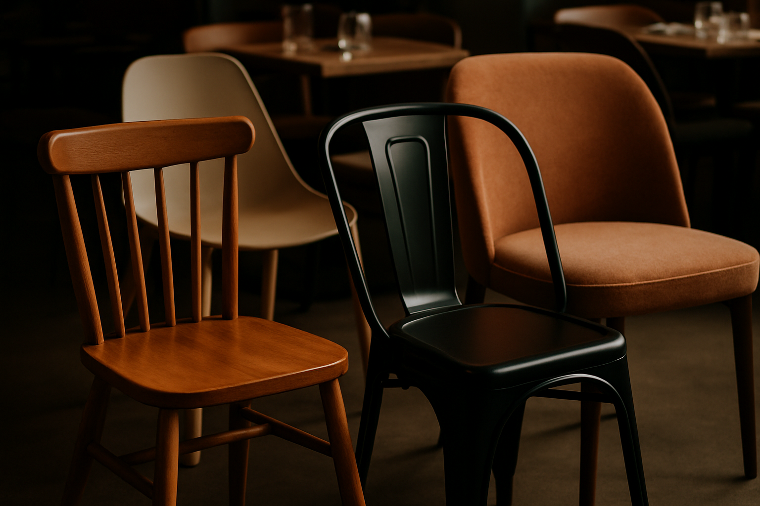 close-up of diverse restaurant chairs: wood, metal, resin, upholstered