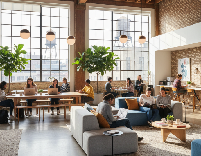 a bright, modern co-living common area in Brooklyn with residents working and relaxing on modular sofas and at large tables