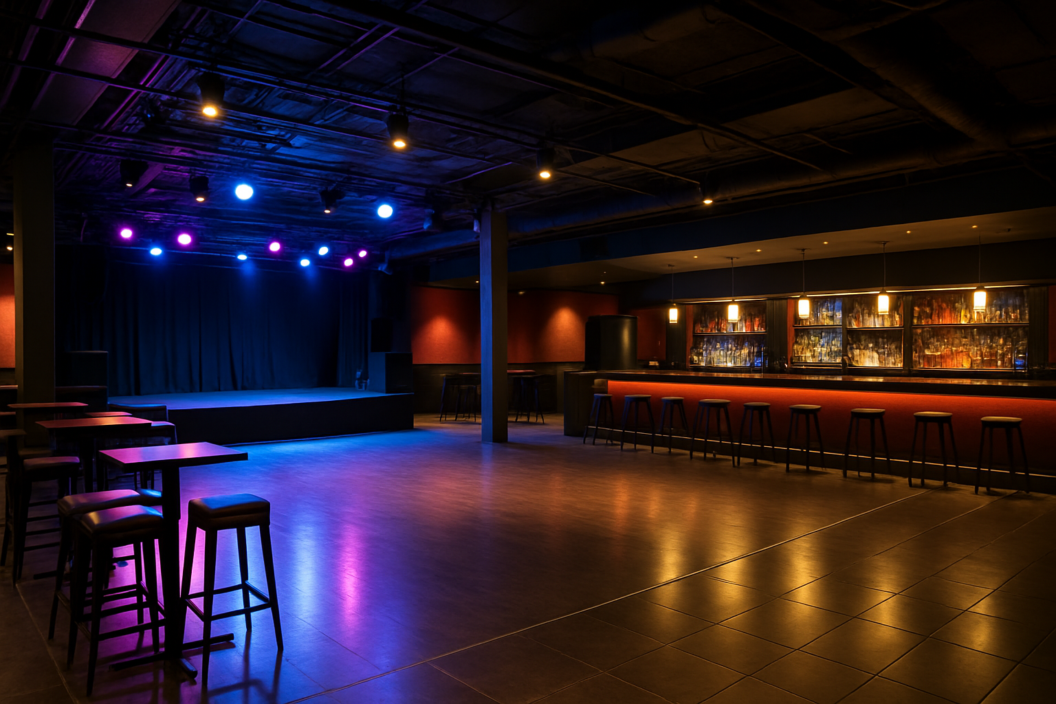 an empty nightclub with lights on, ready for a private event rental