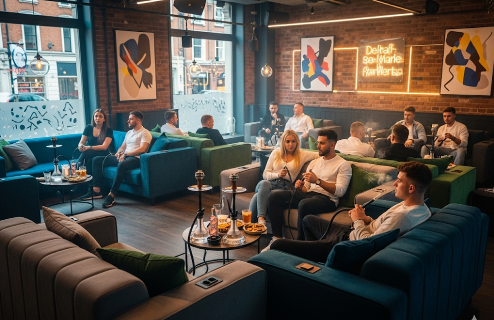 a modern shisha lounge in the UK with guests on stylish, fire-retardant modular sofas