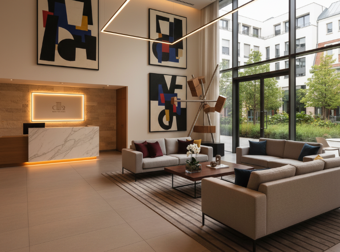 an elegant German hotel interior with modern art and clean furniture lines