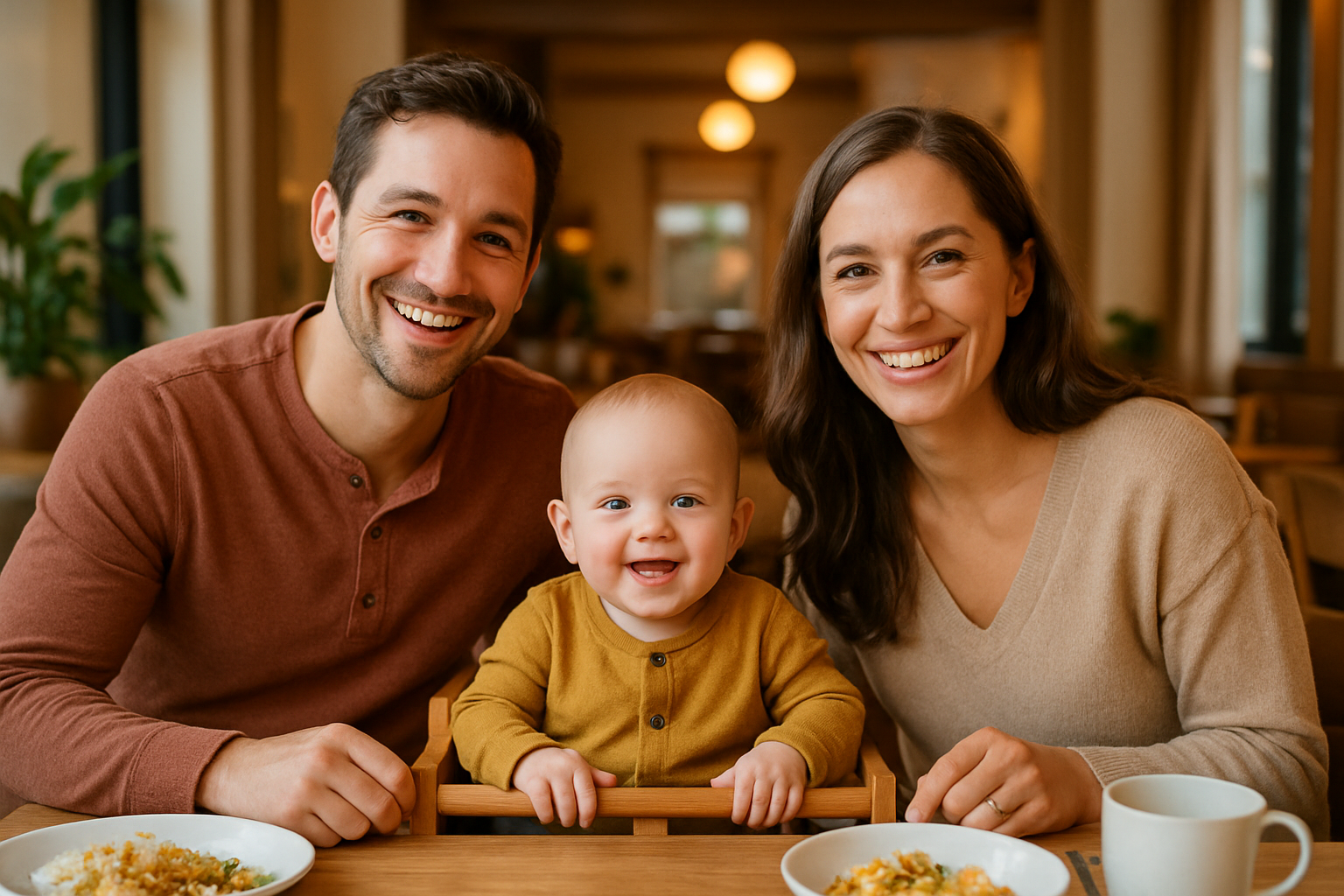 family smiling with baby at table