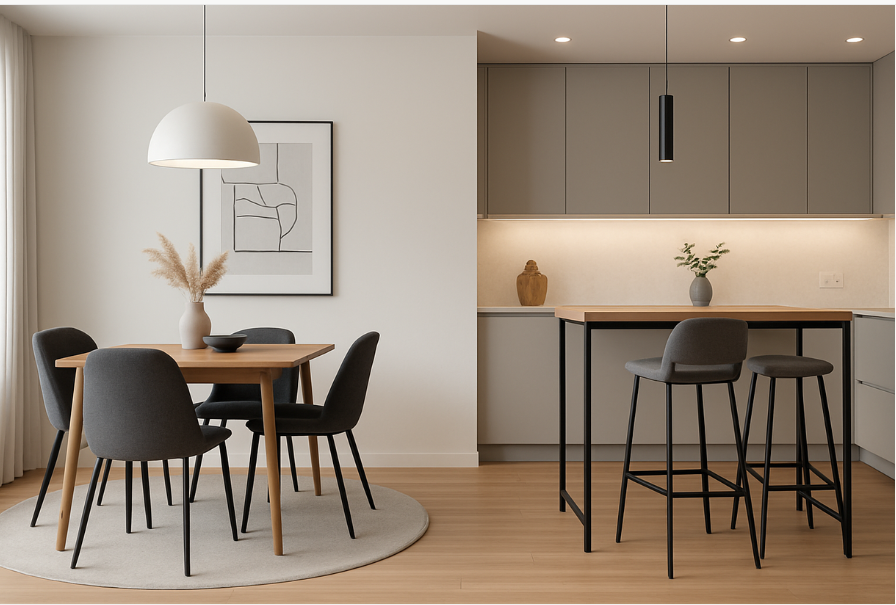 a stylish home with a clear view of both a standard dining set and a taller bar set in separate areas