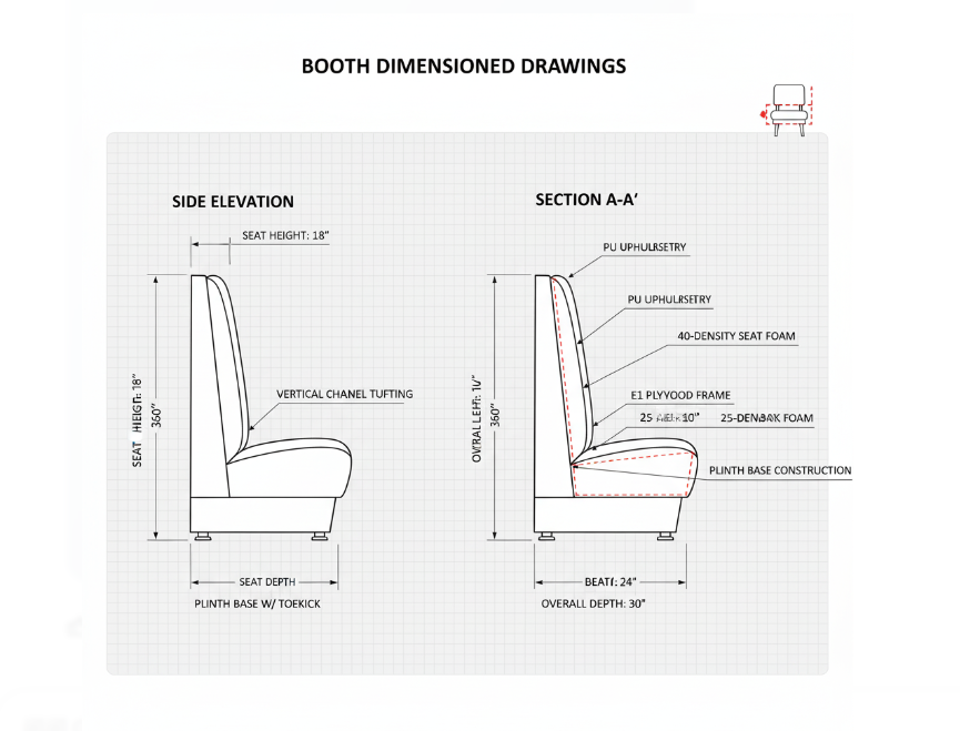 dimensioned elevation and section of booth