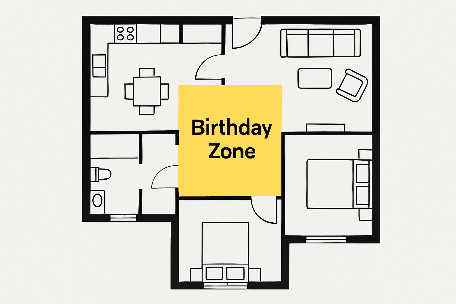 floor plan with highlighted birthday zone