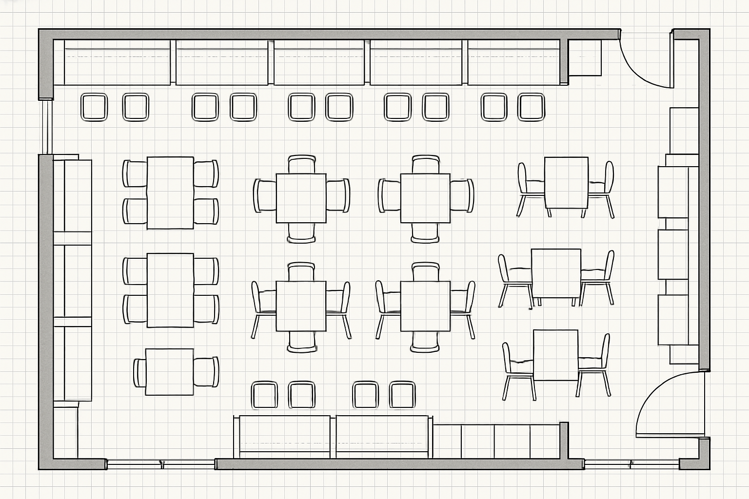 floor plan showing fixed booths and movable chairs