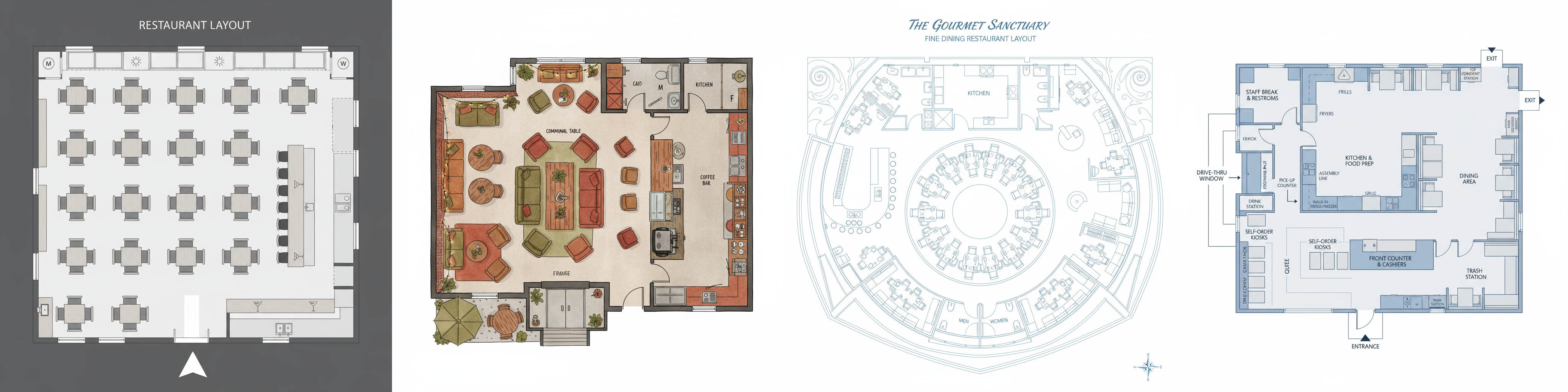 four layout diagrams side by side