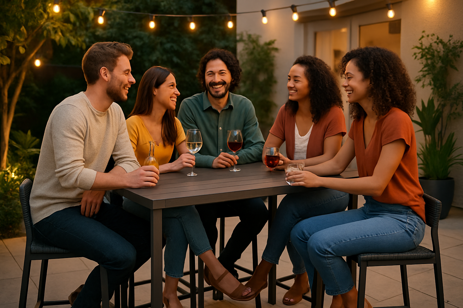 a group of friends enjoying drinks around a sturdy and stylish outdoor bar set on a patio