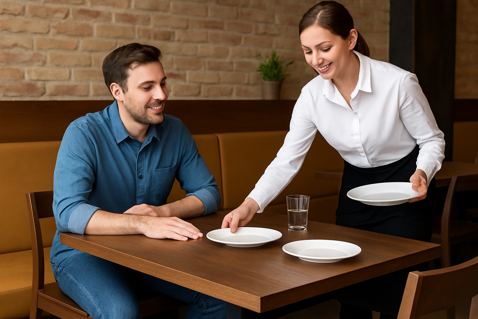 guest leaning on a steady table while server sets plates