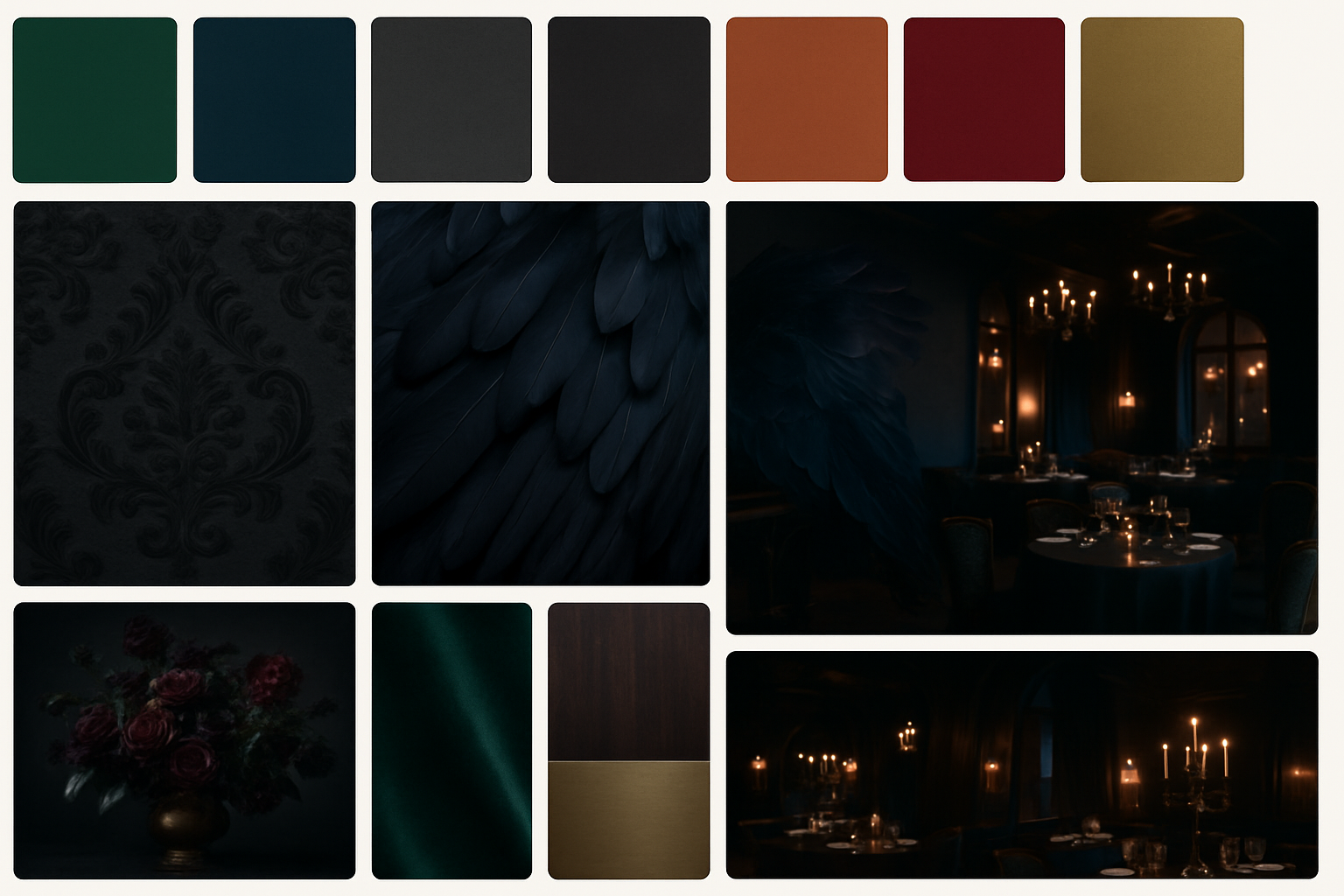 a mood board showing a sophisticated Halloween color palette that matches a restaurant's brand identity 