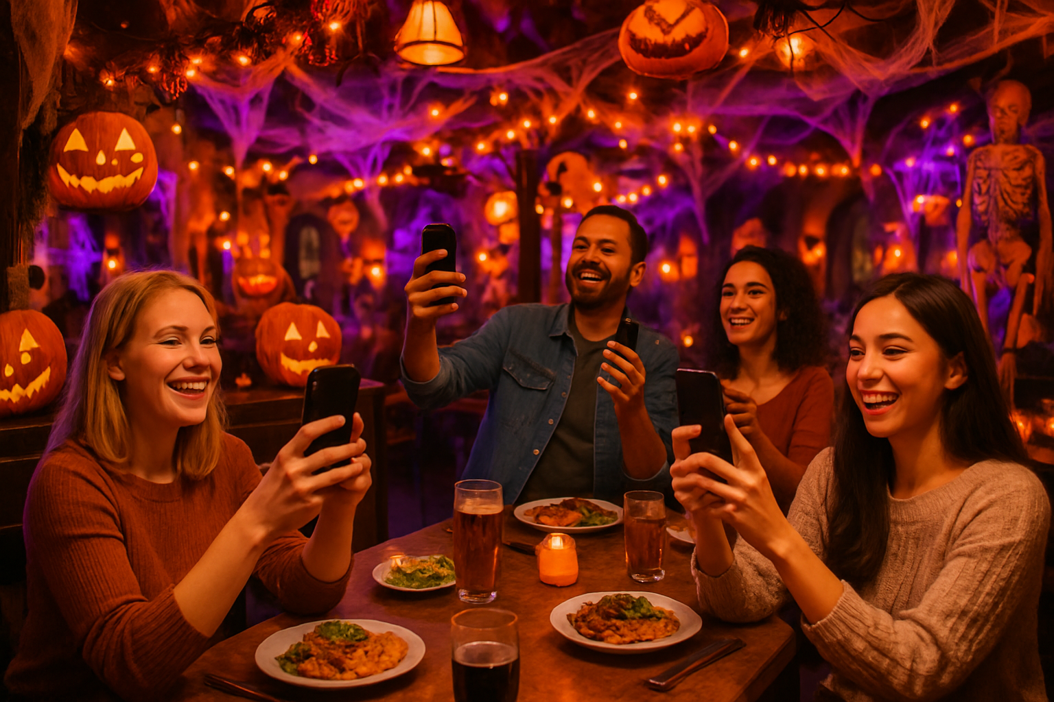guests taking photos inside a restaurant with festive Halloween decorations