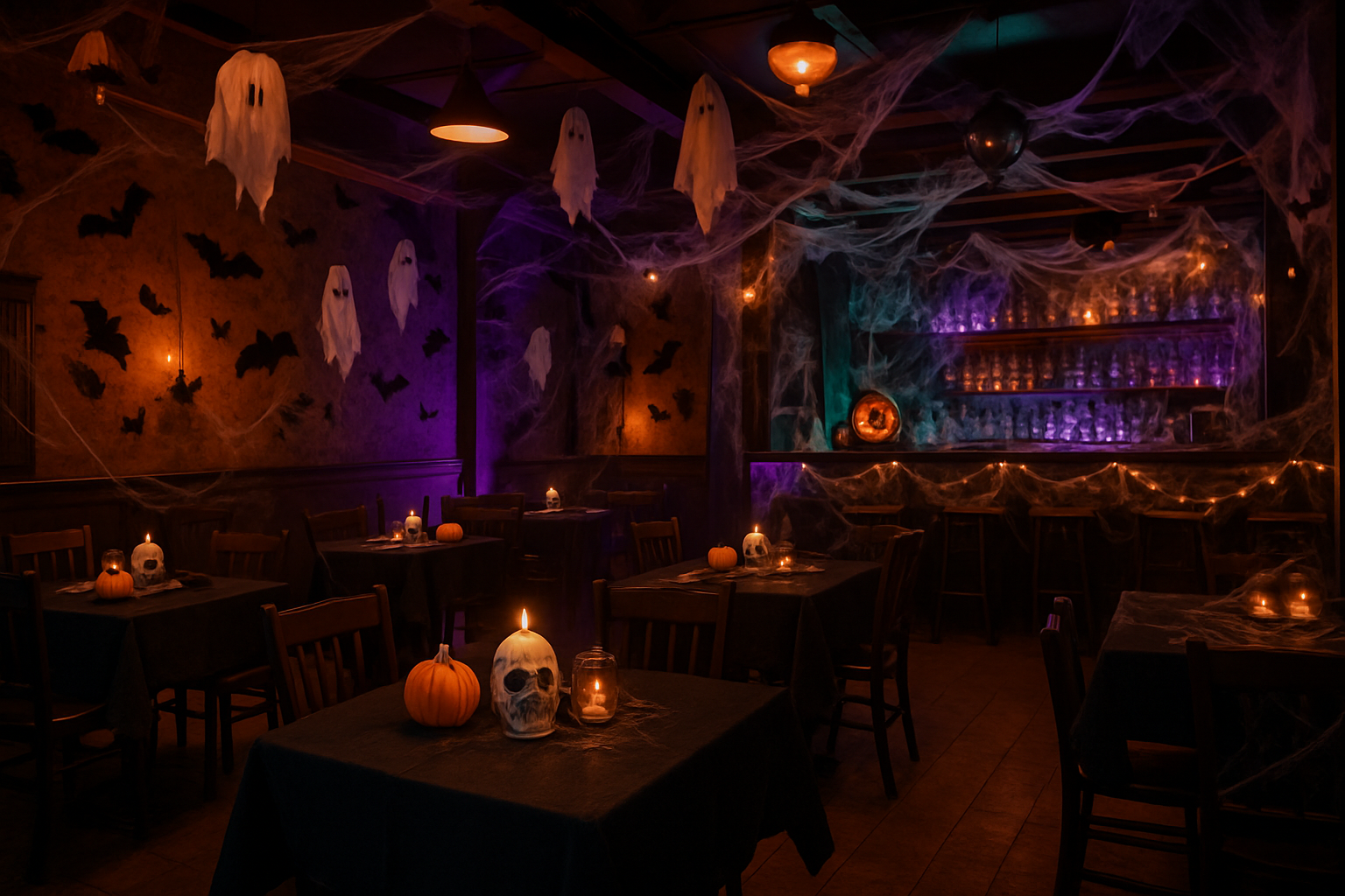 a restaurant interior showing decorated tables, bar, and walls for Halloween