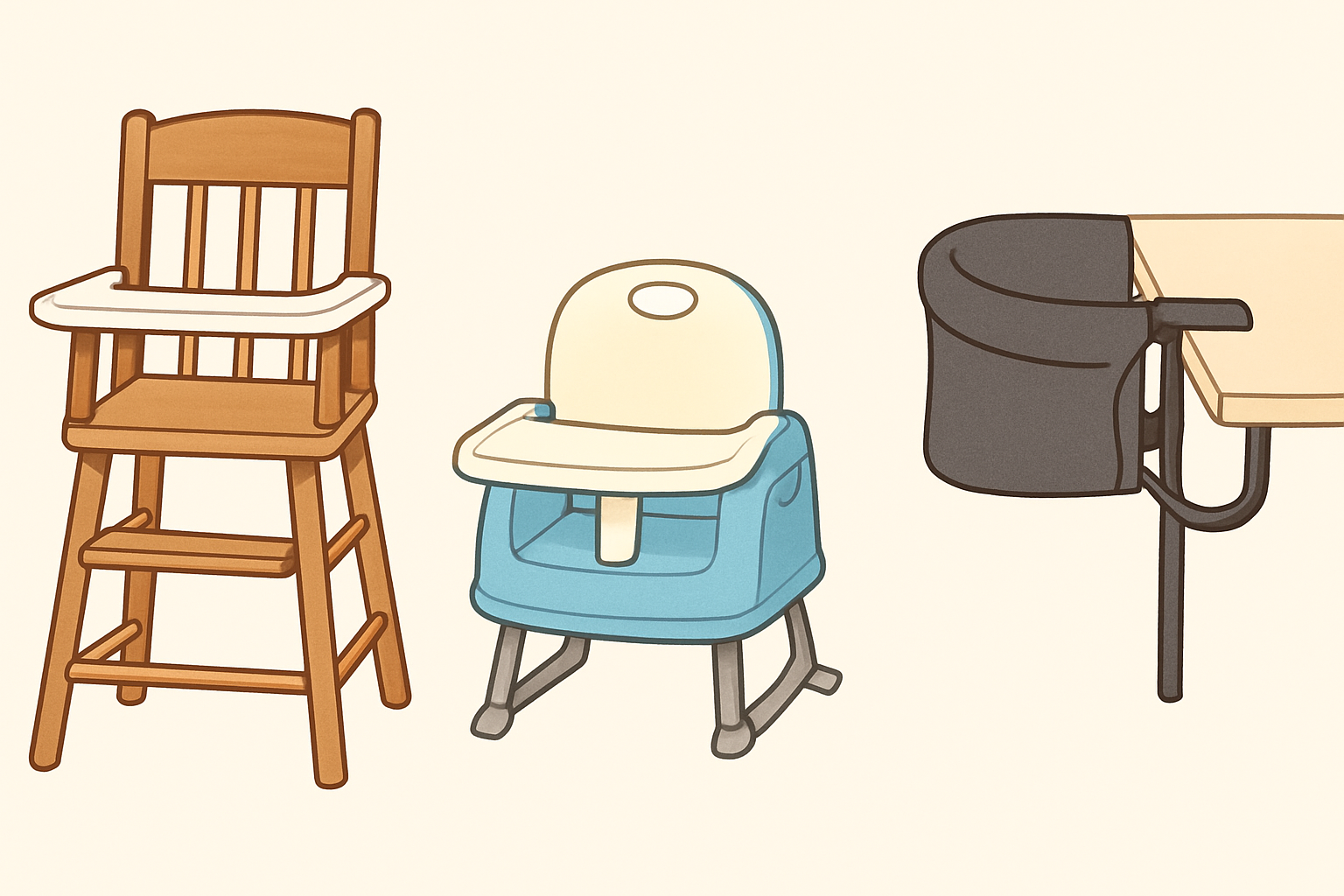line-up of traditional high chair, booster, clamp-on