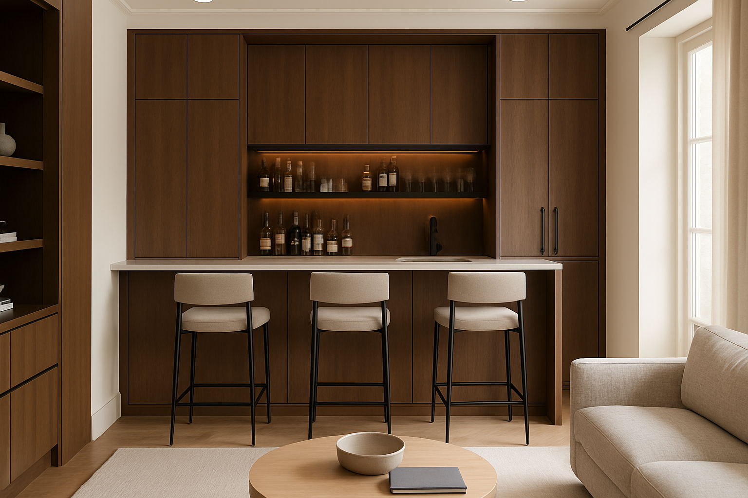a beautifully designed home bar integrated into a living room, with sleek stools and custom cabinetry