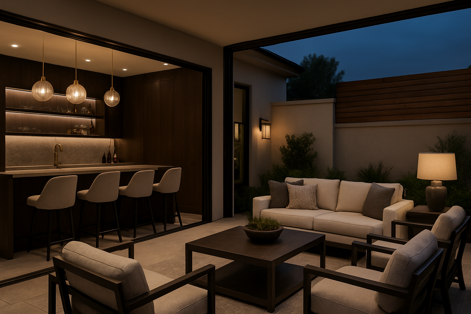 a stylish and cohesive home entertainment space with an indoor bar and an outdoor lounge area