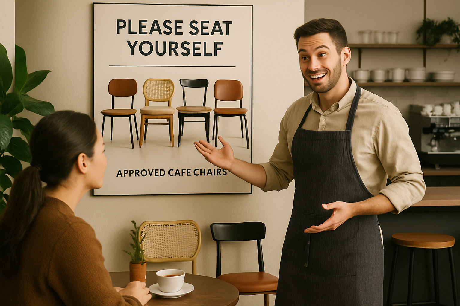 host explaining seating policy while pointing to approved cafe chairs