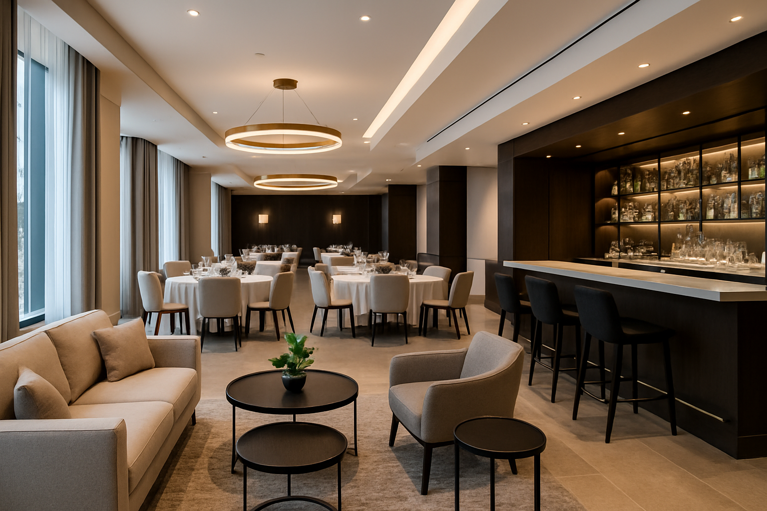 hotel lobby seating, banquet hall tables, and bar stools