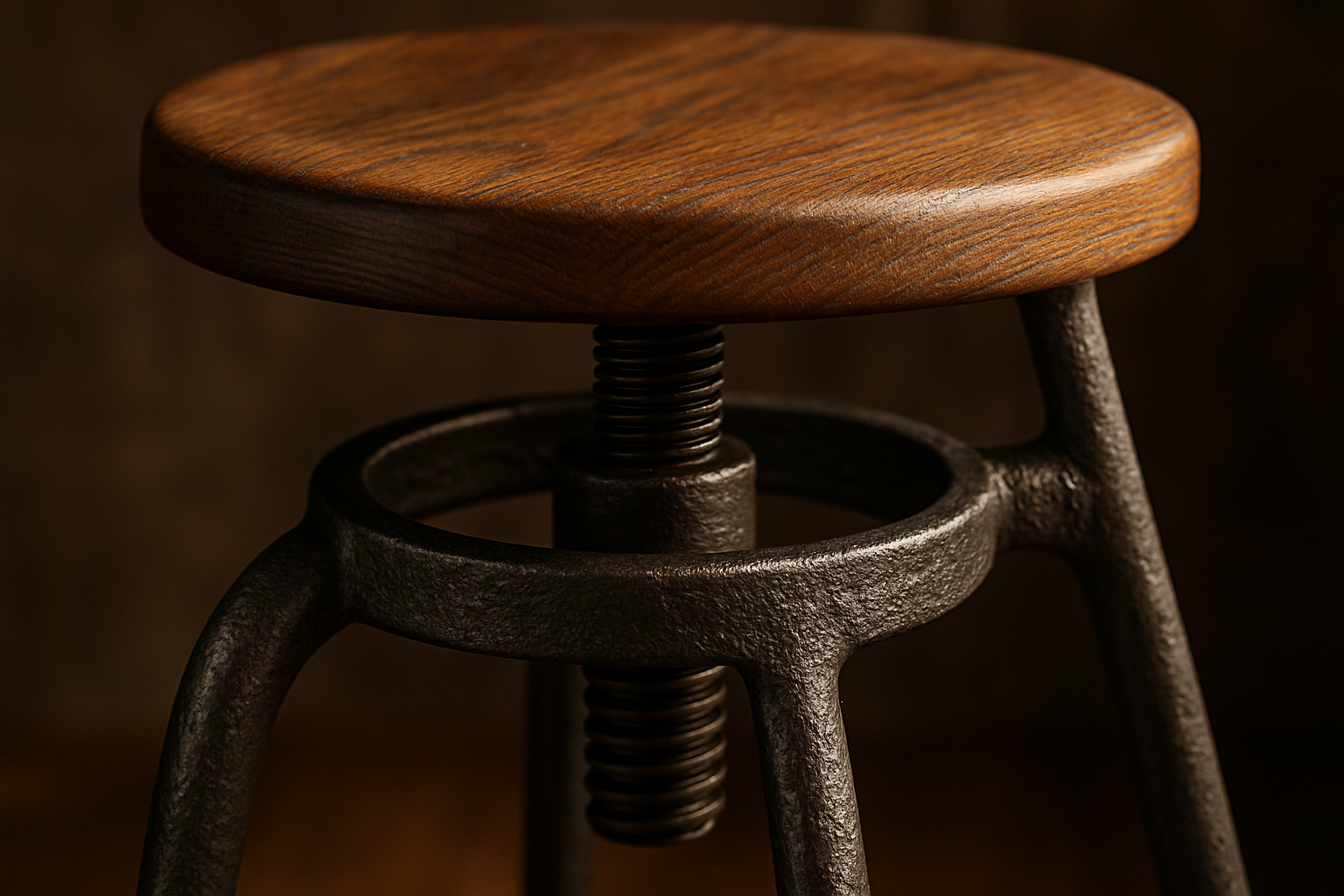 a close-up of a well-crafted industrial bar stool showing the texture of its iron frame and wooden seat