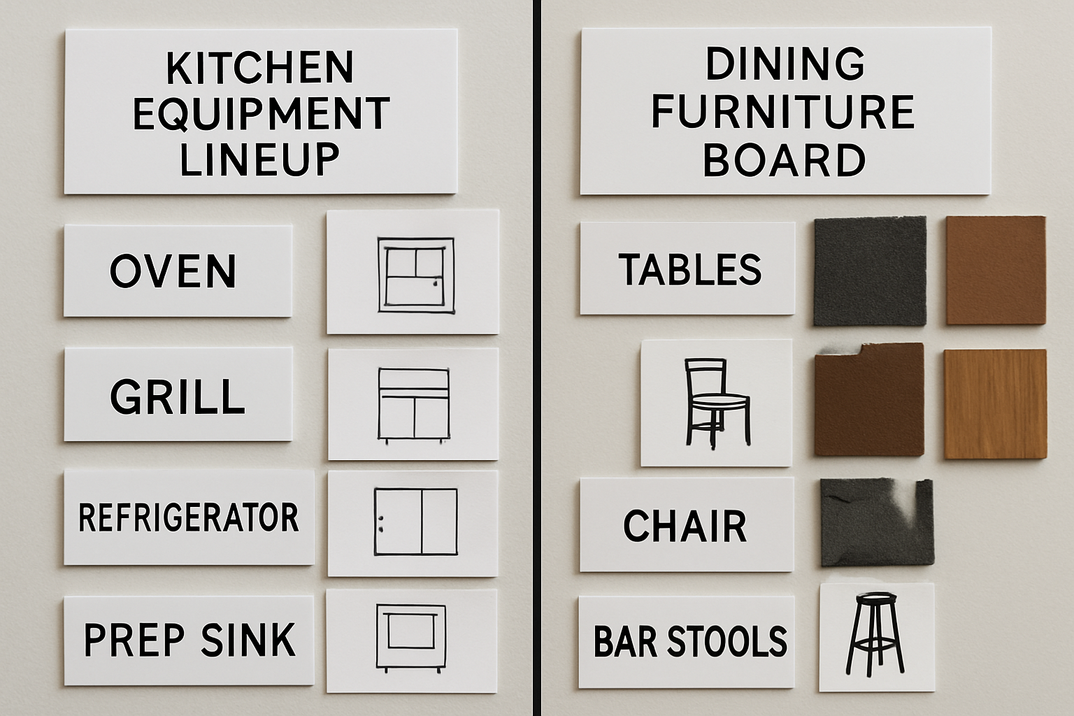 kitchen equipment lineup and dining furniture boards