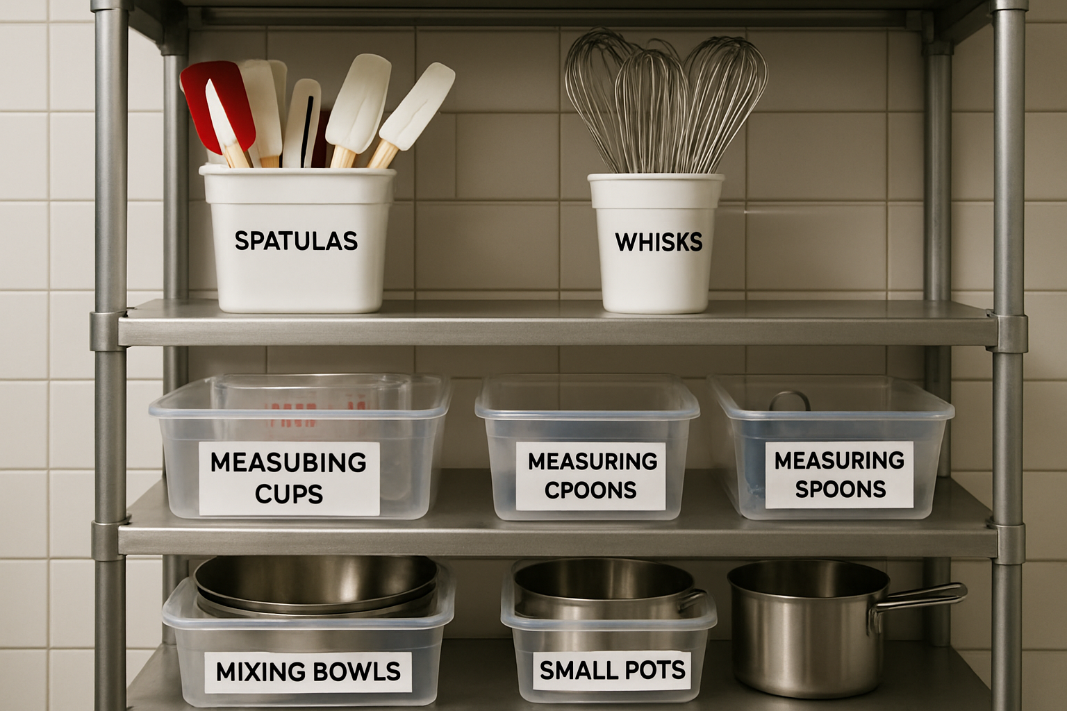 shelves with labeled smallwares and opening inventory