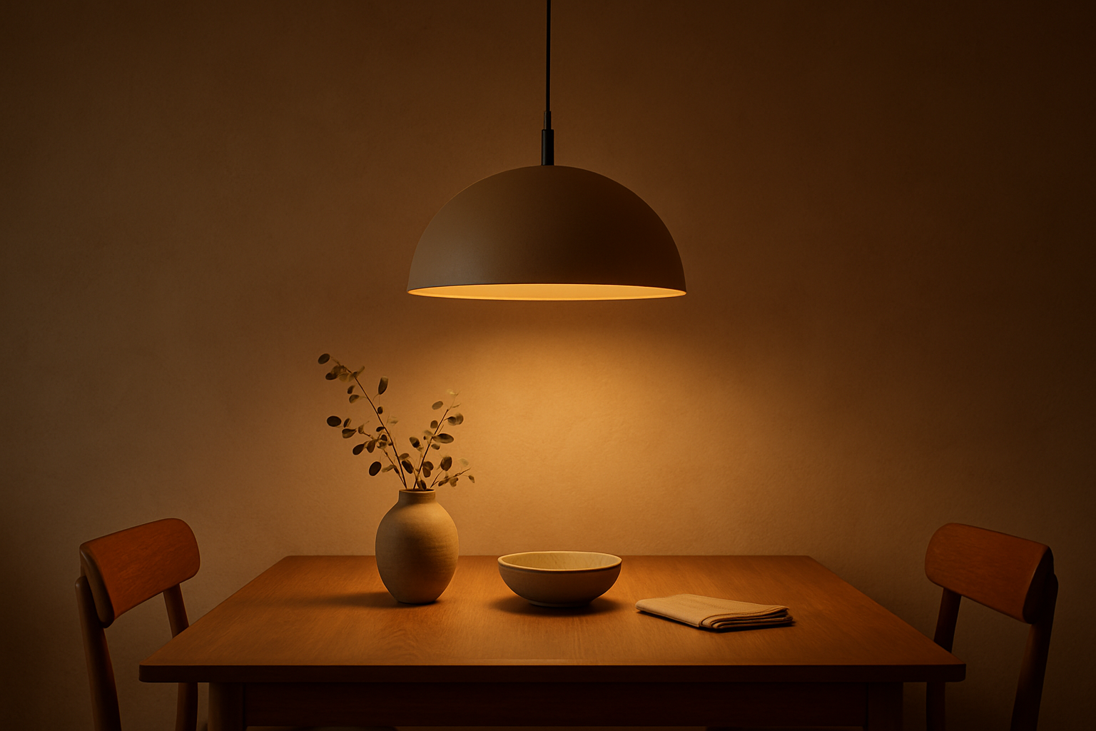 a subtle, well-designed lighting fixture casting a warm glow over a dining table