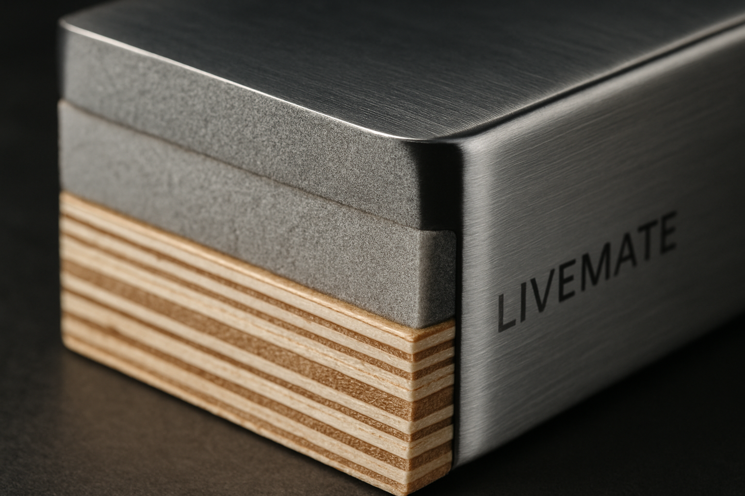 a close-up showing the quality materials of a LIVEMATE product: thick plywood, high-density foam, and polished steel