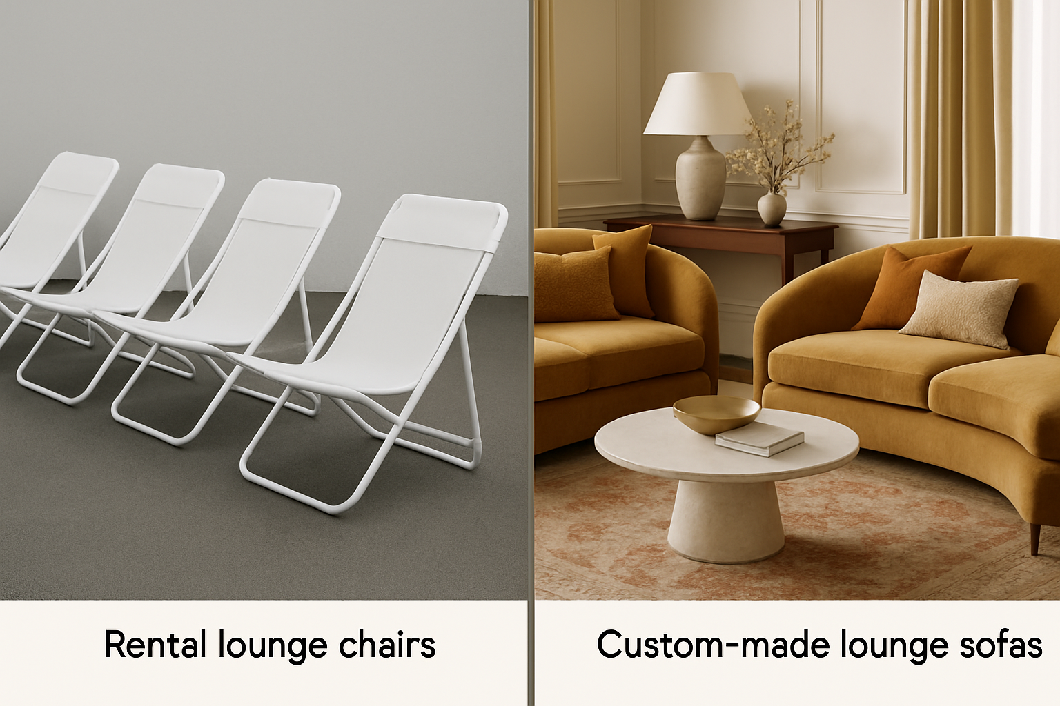 a split image comparing generic rental lounge chairs with stylish, custom-made lounge sofas