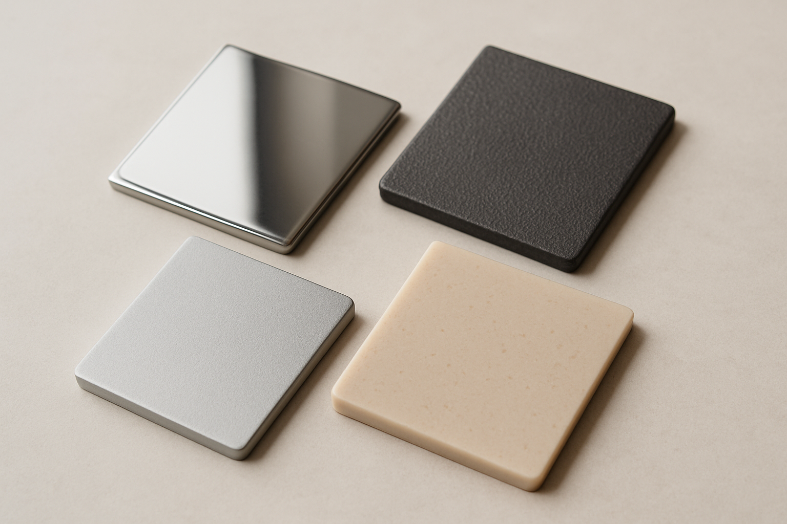 material swatches: stainless, iron, cast aluminum, resin