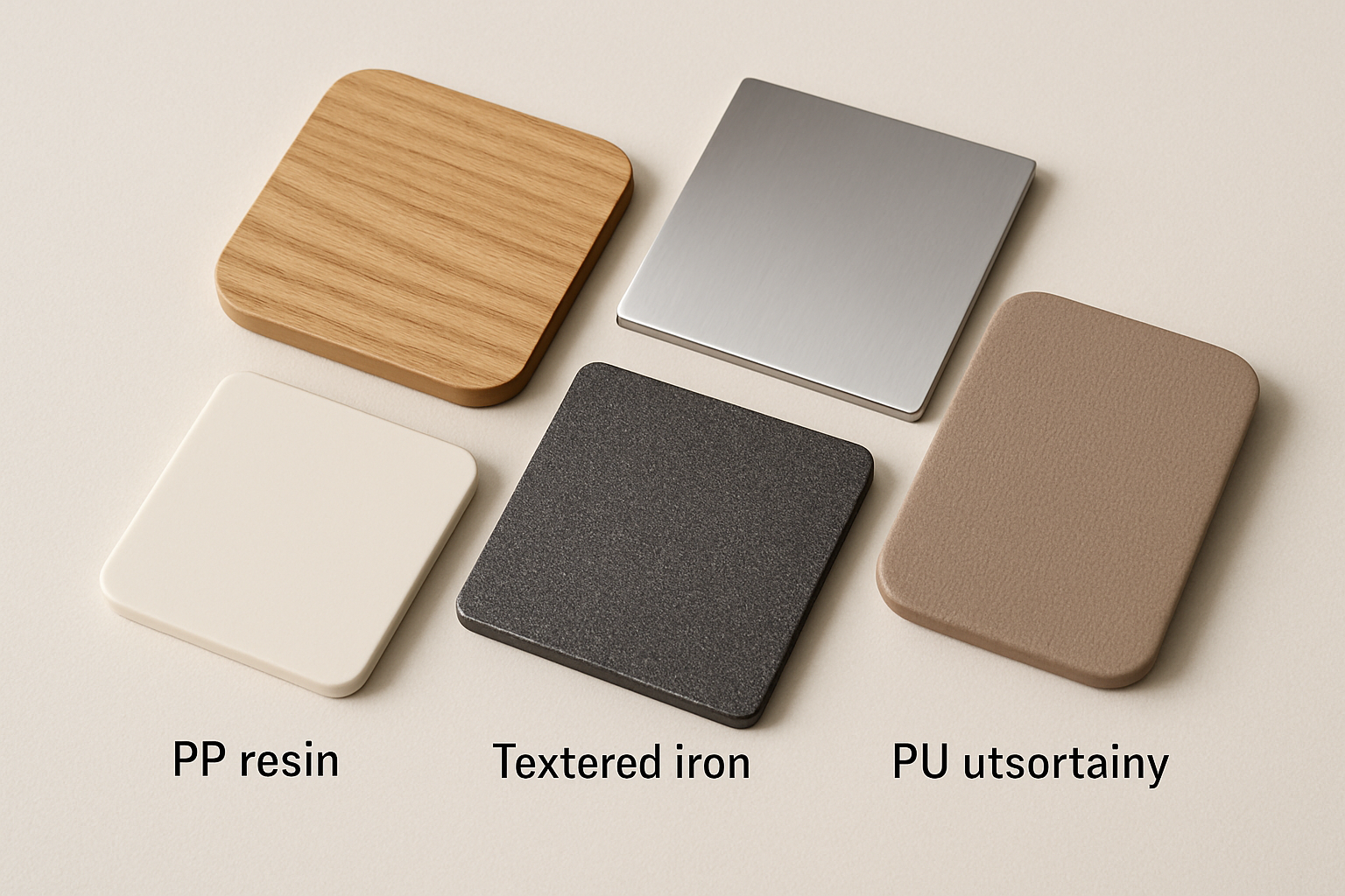 material swatches: wood, stainless, iron, PP resin, PU upholstery