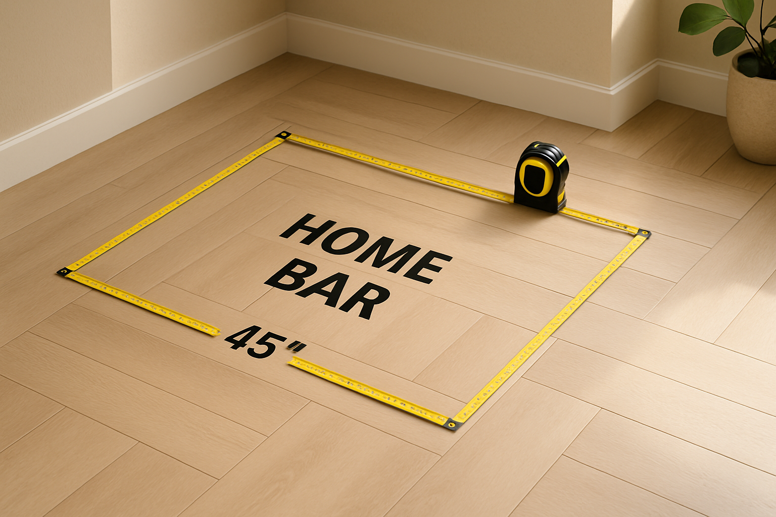 a measuring tape on a floor marking out a compact area for a home bar