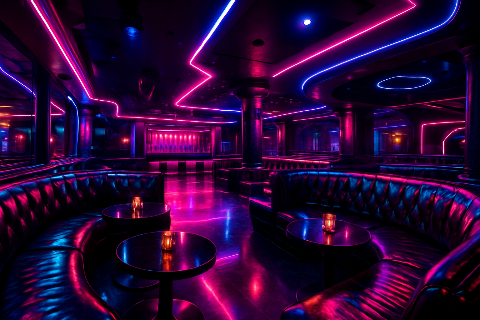 an immersive view of a high-end Miami nightclub with neon lights reflecting off luxurious leather booths