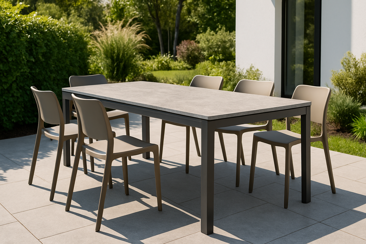 mix of aluminum frames, resin chairs, and composite tops