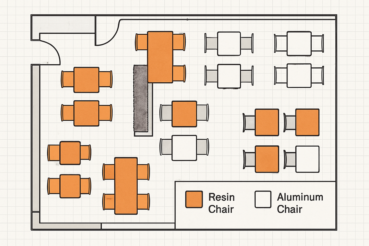 mixed seating plan: resin stackables and aluminum framed chairs
