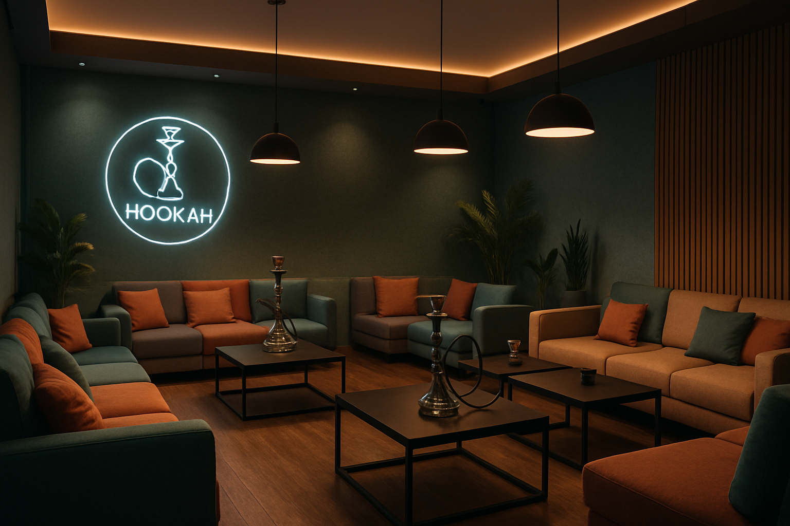 a modern and inviting hookah lounge with comfortable, modular sofas arranged for social gatherings