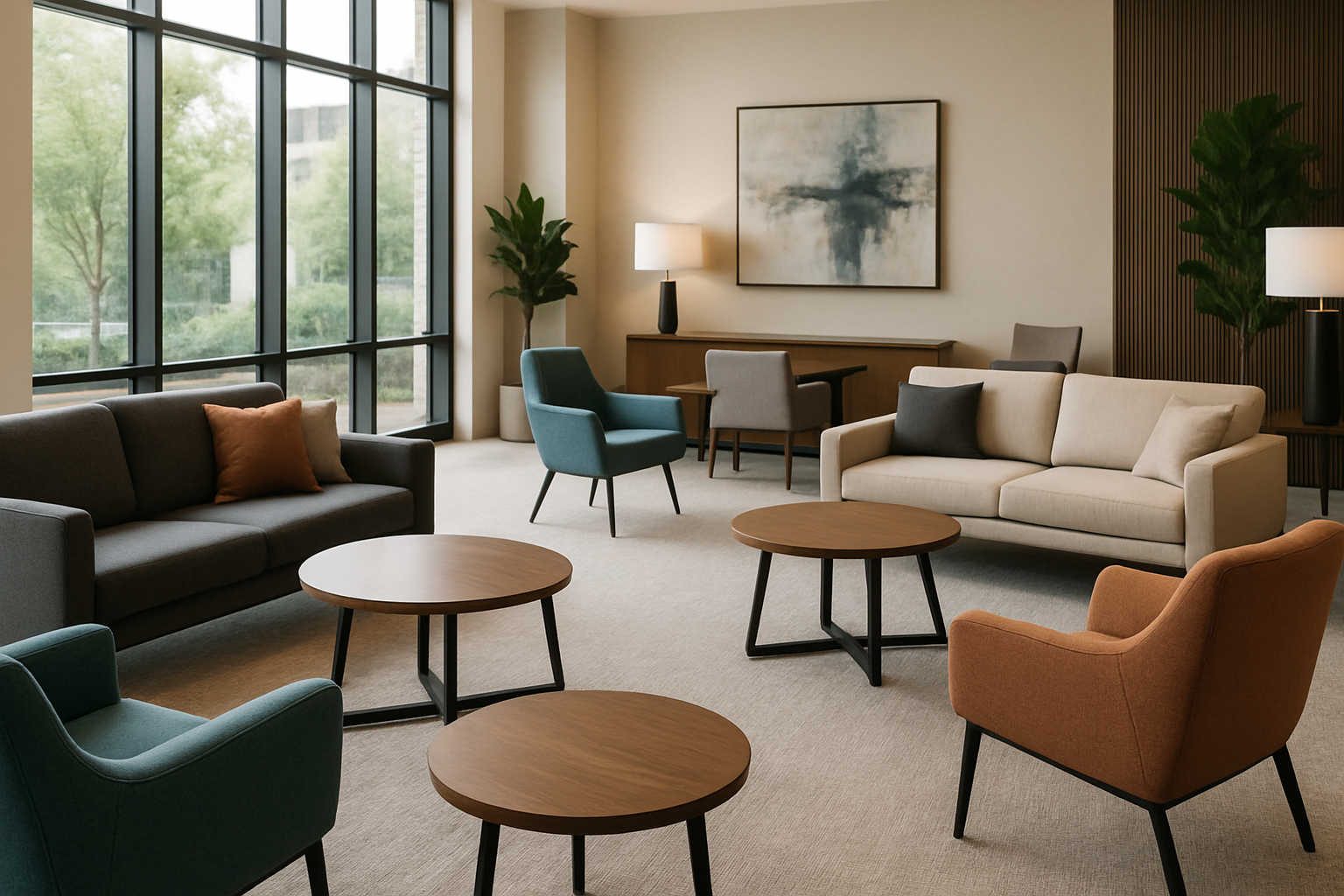 a beautifully designed modern lounge with a variety of contract-grade sofas, chairs, and tables