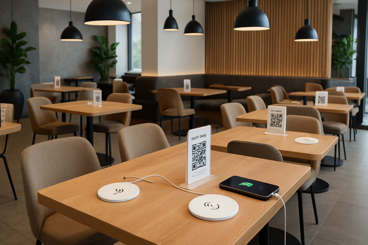 a modern restaurant with charging stations at tables and QR code menus