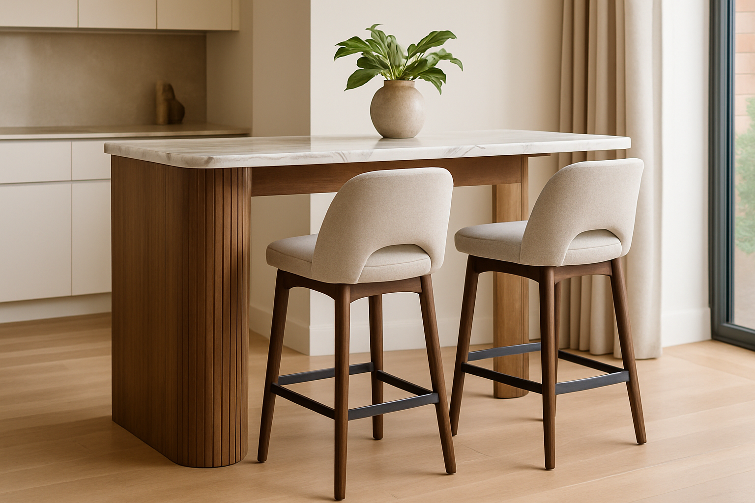 a modern bar table and stools made of stainless steel and upholstered seats in a home setting