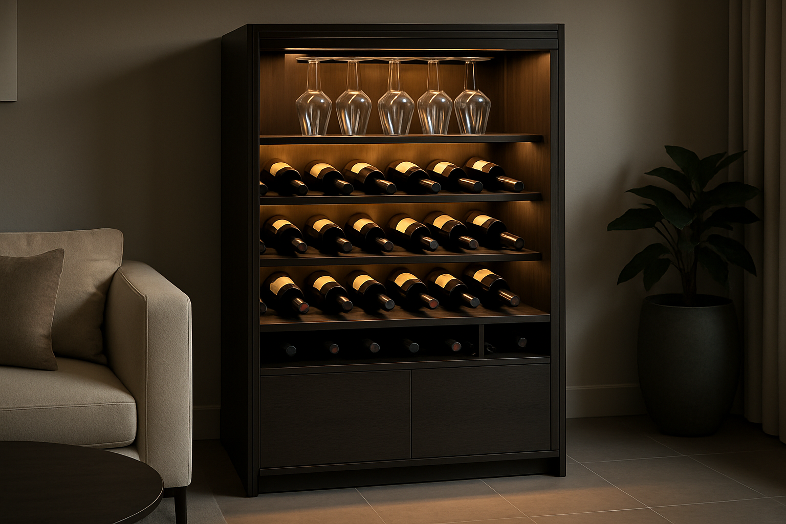 a sleek and modern wine cabinet neatly organizing bottles and glasses in a living room