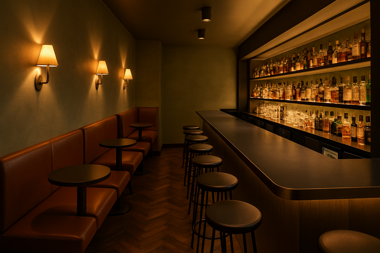 a narrow but stylish bar with a sleek bar counter, backless stools, and wall-mounted booths